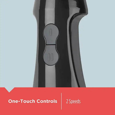 Close-up of Black Two Speed Immersion Blender with Heavy Duty Stainless Steel Blades featuring one-touch controls for easy blending.