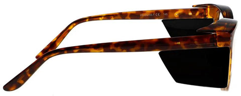 Side view of Rad Cat Eye Radiation Safety Glasses For Women, Lead Glasses With.75mm Pb Lenses, tortoise frame and side shields