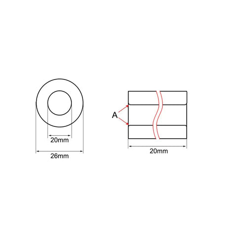 Straight Up Solid Cast Brass Sleeve Bearing Bushing 20MM Bore X 26MM OD X 20MM Length dimensions diagram showing side and top views.