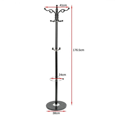 Straight Up Heavy Duty Four Tier Floor Standing Coat Rack With Ten Sturdy Metal Hooks For Bedroom Hallway Wardrobe Closet Organizer Keep Your Gear Dang Tidy Today, black metal design with measurements.