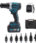 Heavy Hitter Cordless Rivet Gun With 26V Lithium Ion Batteries, including attachments and charger, portable for M3 to M12 fasteners.