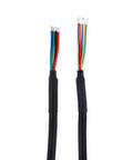 Stepper motor cable pair; black sleeved cables with exposed multi-color conductors