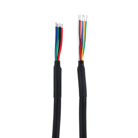 Stepper motor cable pair; black sleeved cables with exposed multi-color conductors