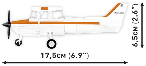 Cessna 172 Orange Skyhawk 1:48 Scale Building Set With 162 Pieces side view with dimensions and movable propeller