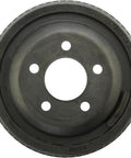 Front view of a dark metal Centric 123.67024 C-Tek rear brake drum with five lug holes and central bore