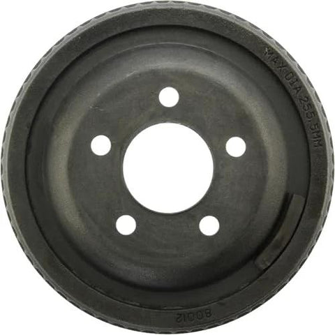 Front view of a dark metal Centric 123.67024 C-Tek rear brake drum with five lug holes and central bore
