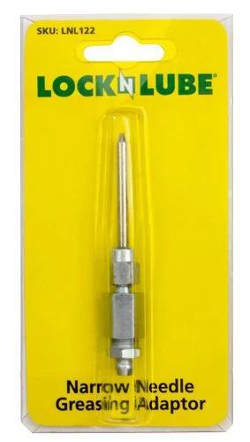 LockNLube Narrow Needle Dispenser in yellow packaging with metal needle, front view