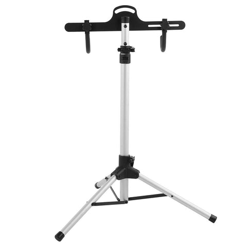 Heavy Duty Aluminum Bicycle Repair Stand With Adjustable Height And Non Slip Rubber Feet For Rock Solid Maintenance Stability and Zero Hassle Display Support In Your Garage, shown in upright position.
