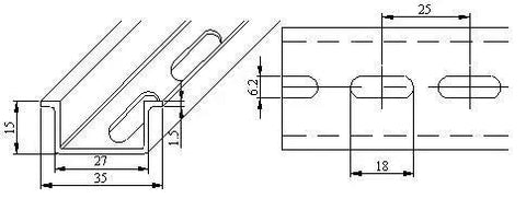 Diagram of Slotted Steel DIN Rail Mounting Bar 1 Meter Long By 35mm Wide By 15mm High Pre Slotted RoHS Compliant