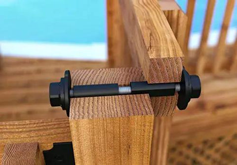 Close-up of 2 Pack Top Shelf Timber Bolts 3/4 X 4 To 6 Inch Heavy Duty Structural Wood Hardware For Deck Pergola And Beam Connections Powder Coated Steel Fasteners installed between wooden beams.