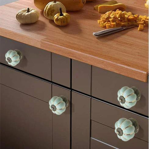 5 Pack Retro Vintage Ceramic Pumpkin Cabinet Knobs Set For Kitchen Cabinets Drawers Dresser Cupboard Pull Handles Includes 3 Kinds Of Screws Sky Blue Enhances Vintage Charm For Furniture With Easy Install And Durable Gloss Finish installed on dark cabinets
