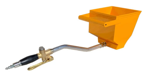 Heavy Duty Steel Stucco Sprayer Hopper Gun With Knockout Handheld Grip for scratch coat jobs with yellow hopper.