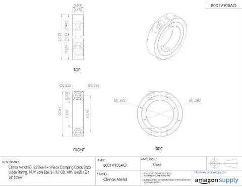 Technical drawing of Two Piece Steel Shaft Collar Clamp With Black Oxide Finish, 1 1/4 Inch Bore, 2 1/16 Inch Outer Diameter, Set Screw Included
