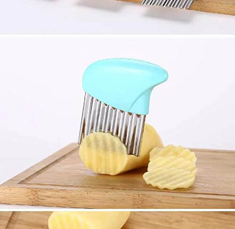 Crinkle-cutting knife with blue handle and stainless-steel wavy blade; 2-piece set on cutting board.