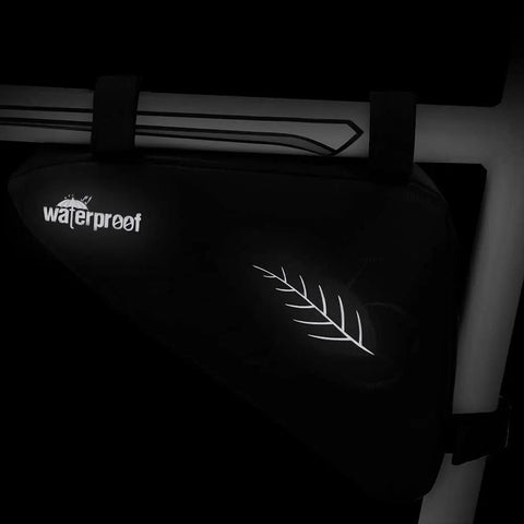 Close-up of waterproof frame bag from All In One Bike Repair Kit With Tire Pump And Waterproof Frame Bag Glueless Patches 16 In 1 Multitool Ebike Mountain Maintenance Essentials For All Weather Trails And Everyday Rides attached to bike frame.