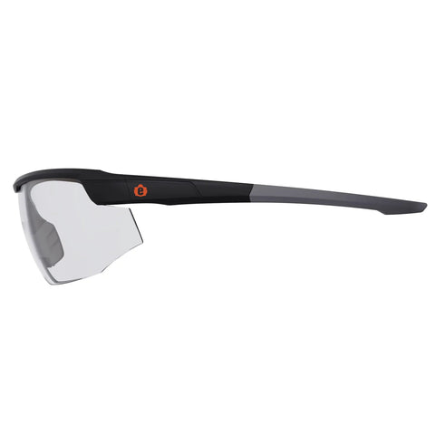 Side view of Skullerz Skoll Safety Glasses Matte Black Frame With Anti Fog Clear Lenses Blade Style Frame For A Wide Field Of Vision