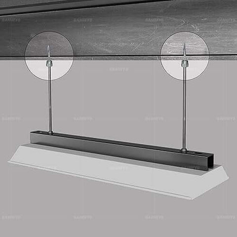 Vertical Threaded Rod Anchor For Steel Structures Quarter Inch Screw One Inch Length Electro Zinc Coated Corrosion Resistant No Pre Drill Easy To Install Pack Of 25 Made In USA High Pullout Strength shown installed in steel structure with threaded rods hanging.