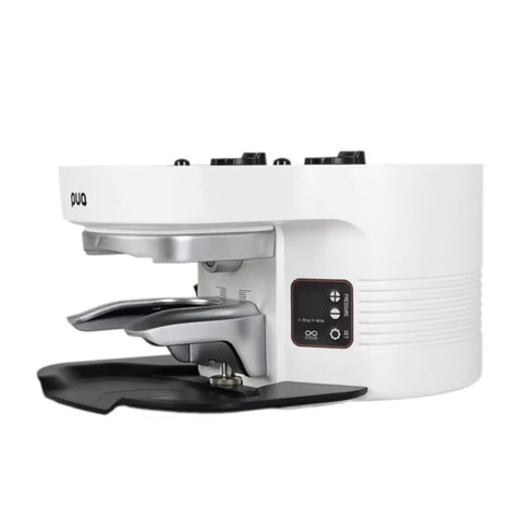 Automatic Espresso Coffee Tamper With Adjustable Tamping Profile And Precise Calibrated Pressure For Mahlkönig E80 Grinders, side view, white design.