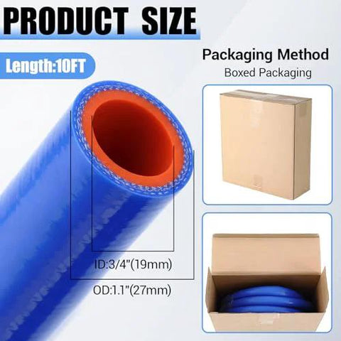 Blue silicone heater hose cross-section with orange inner lining, 3/4 in ID, 10 ft roll