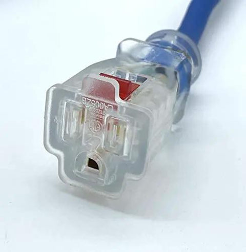 Beast Mode 50 Ft 14 Awg Blue Extension Cord With Illuminated Locking Receptacle end, showcasing LED light for visibility.