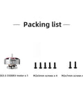 Packing list for Specter 1303.5 5500KV Brushless Motor for 2 to 4S tiny drones, screws included in various sizes.