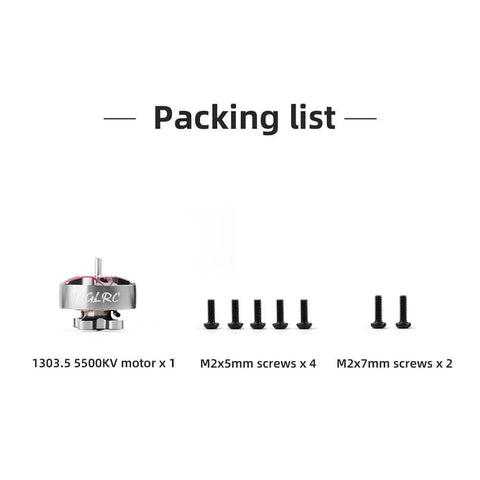 Packing list for Specter 1303.5 5500KV Brushless Motor for 2 to 4S tiny drones, screws included in various sizes.