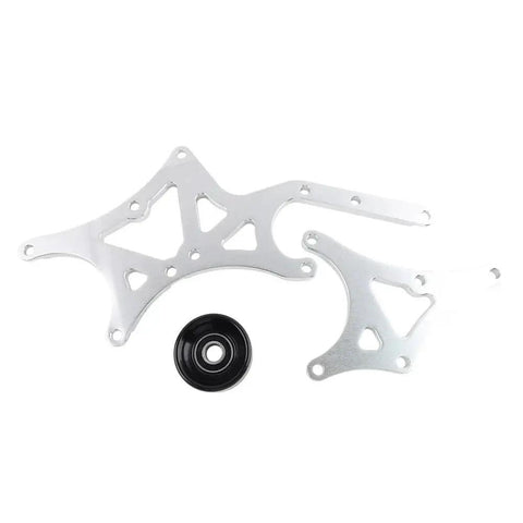 Beefed Up Transmission And Engine Mount Bracket Kit For Driver Side Alternator And Power Steering Pump Bolt On Replacement Fits Truck And SUV 1999 2014 LS Series Engines Suitable For Many LS Vehicles, silver aluminum bracket and pulley