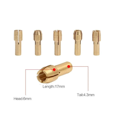 10 Piece Brass Collet Set For Dremel Rotary Tools Fits 0.5mm To 3.2mm Bits And 1/8 Inch Shank shown with dimensions
