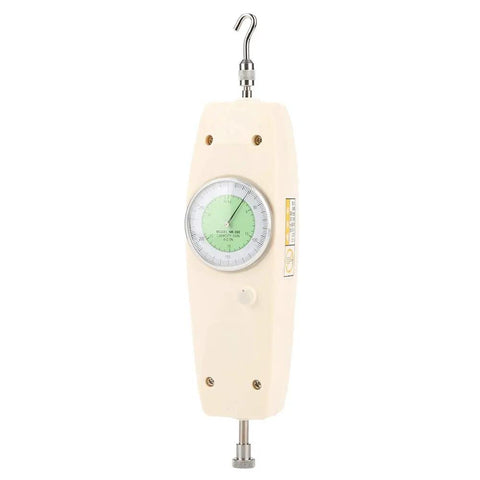 Analog Dynamometer And Force Gauge 300N Capacity Handheld Push And Pull Tester For Industrial Use With Flat Tip Cone Tip And Hook Included Heavy Duty And Accurate Readouts For Precise Measurements In Any Shop Floor Or Lab. beige analog dynamometer with hook and lower tip for push-pull testing