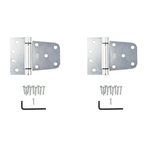 Rock Solid Heavy Duty Self Closing Gate Hinge With Zinc Plated Steel Bearing Core, includes screws and Allen wrench for installation.