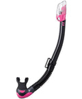 Hyperdry Elite II Dry Top Snorkel for scuba diving gear with pink accents, translucent tubing, silicone mouthpiece, and quick close gasket