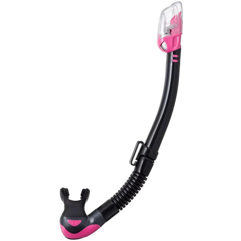 Hyperdry Elite II Dry Top Snorkel for scuba diving gear with pink accents, translucent tubing, silicone mouthpiece, and quick close gasket