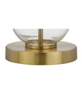Close-up of brass base and glass sphere of Clear Glass Triple-Sphere Table Lamps Set Of 2 With Brass Accents And White Linen Shade 27-Inch