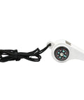 3-In-1 Survival Whistle With Built-In Compass And Thermometer, weather resistant white whistle with black lanyard