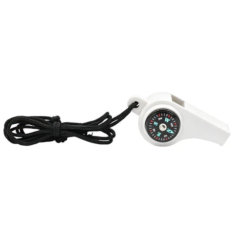 3-In-1 Survival Whistle With Built-In Compass And Thermometer, weather resistant white whistle with black lanyard
