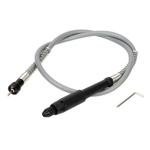 Solid Grip Flexible Shaft Handle Grinder Attachment With Smooth Soft Bend Cable And Compact Precision Drill Chuck showing a flexible gray shaft with black rubber handle.