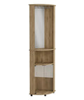 Totally Slick Corner Bar Cabinet With Heavy Duty Wine Rack And Center Mirror And Sweet Macadamia Wood Finish Triple Tier Storage 74 Inch Tall Double Door Display Unit, showcasing corner design and mirror.