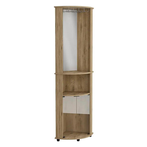 Totally Slick Corner Bar Cabinet With Heavy Duty Wine Rack And Center Mirror And Sweet Macadamia Wood Finish Triple Tier Storage 74 Inch Tall Double Door Display Unit, showcasing corner design and mirror.