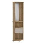 Sick Corner Home Bar Cabinet With Twin Glass Doors And Macadamia Finish 74 Inch Tall Storage Shelves featuring a mirror and open spaces.