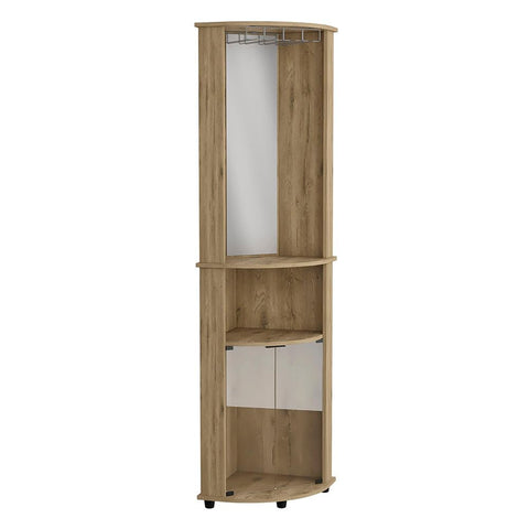 Sick Corner Home Bar Cabinet With Twin Glass Doors And Macadamia Finish 74 Inch Tall Storage Shelves featuring a mirror and open spaces.