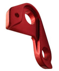 Red aluminum derailleur hanger for mountain and road bikes, heavy duty, wide compatibility with variable speed models and E-Bikes.