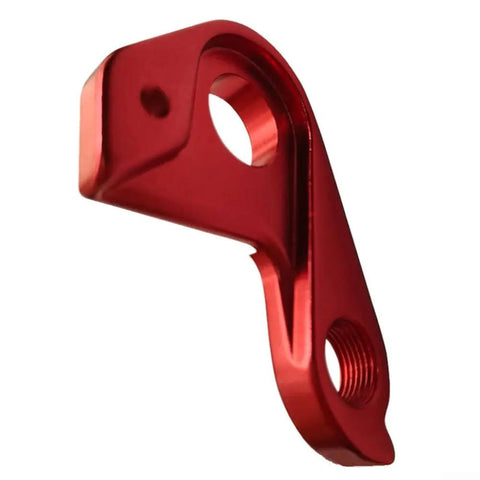 Red aluminum derailleur hanger for mountain and road bikes, heavy duty, wide compatibility with variable speed models and E-Bikes.