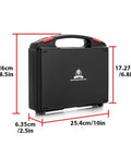 Mofun bearing installer/remover tool case, black with red latches; front view, 25.4 cm W x 26 cm H x 6.35 cm D.