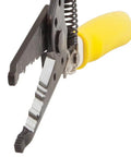 Close-up of Dual NM Cable Stripper And Cutter for 12 And 14 AWG Wire, precision shear blades, yellow handle, Made In USA.