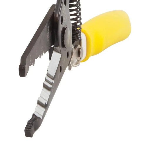 Close-up of Dual NM Cable Stripper And Cutter for 12 And 14 AWG Wire, precision shear blades, yellow handle, Made In USA.