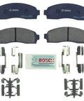 Bosch BC833 QuietCast ceramic front brake pad set with hardware; two blue pads and mounting clips
