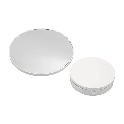 Hot 360 Degree Rotating Display Stand With Electric Motorized Turntable And USB Cable For Perfect Plastic Glass Showcase Of Jewelry Watches And Cakes In Crisp White, showing white plastic and reflective surfaces.