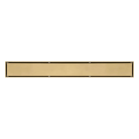 Heavy Duty Linear Shower Drain 23.6 Inch Invisible Floor Trench With Snap Off Hair Catcher Screen 304 Stainless Steel Super Fast Flow Rectangular Bathroom Fixture Brushed Gold view from above