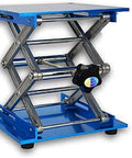 Front view of blue laboratory jack stand with scissor lift and 8x8 inch platform, metal framework.