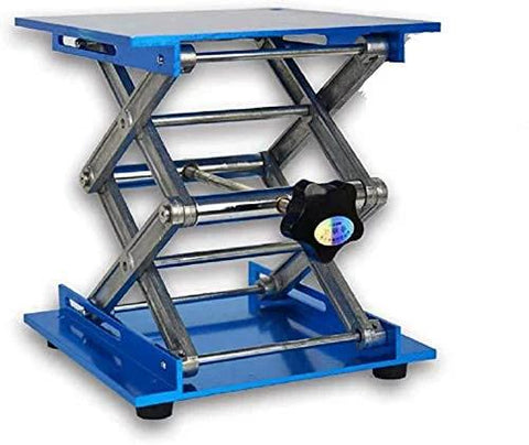 Front view of blue laboratory jack stand with scissor lift and 8x8 inch platform, metal framework.